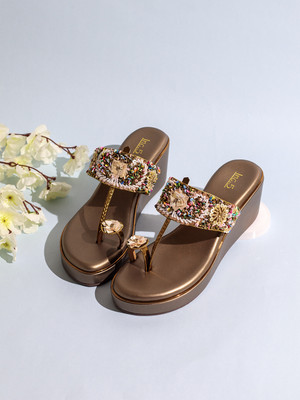 Inc.5 Ethnic Embellished Round Toe Wedge Heel Sandals Women Heels(Gold , 4)