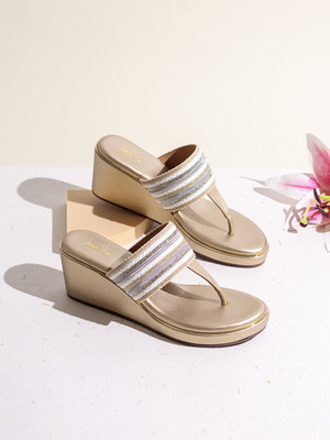 Inc.5 Ethnic Embellished Round Toe Wedge Heel Sandals Women Heels(Gold , 4)