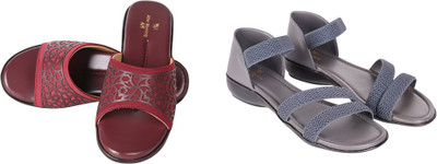 PMS Women Wedges(Grey, Maroon , 8)