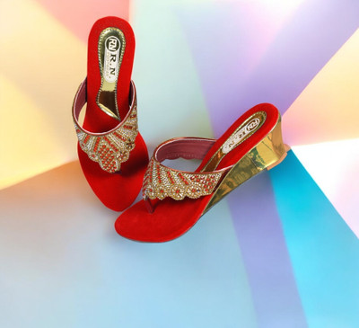 R.N Footwear Women Wedges(Red , 6)
