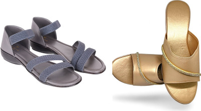 PMS Women Wedges(Grey, Beige , 7)