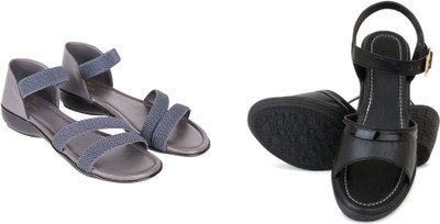PMS Women Wedges(Black, Grey , 6)