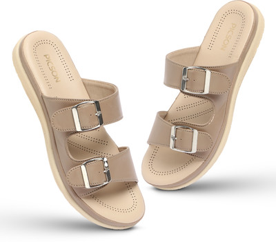 Picson Stylish Double Buckle Slides | Premium Look & Extra Soft Cushion Women Flats(Beige , 4)