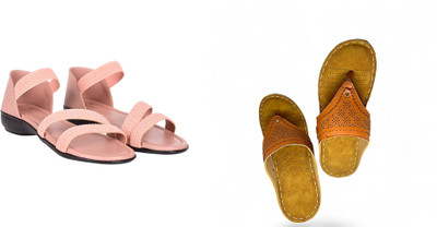 PMS Women Wedges(Orange, Brown , 4)