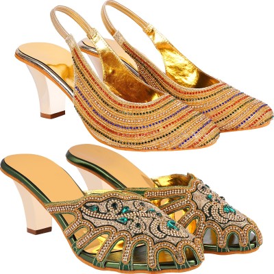 Zionk Women Heels(Green, Gold , 10)