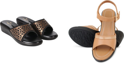 PMS Women Wedges(Beige, Gold , 3)