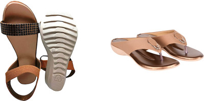 PMS Women Wedges(Brown, Beige , 7)