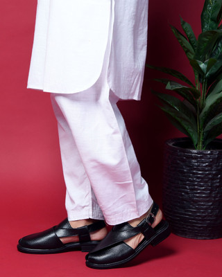 STEPFOX Premium Ethnic Style Peshawari With Adjustable Backstrap heel & Comfort Sole Men Sandals(Black , 10)