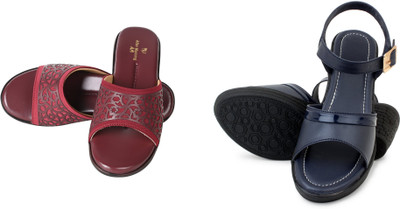 PMS Women Wedges(Grey, Maroon , 8)