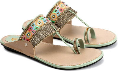 ladies hub Stylish & Comfortable Ethnic Flat Kolhapuri Chappal, Slippers & Footwear Women Flats(Green , 4)