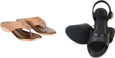 PMS Women Wedges(Black, Brown , 4)