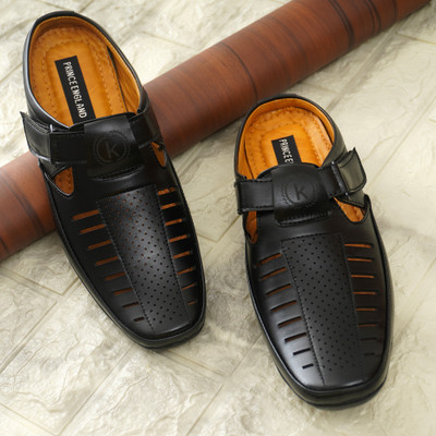 kickonus Men’s Black Formal Sandal | Synthetic Leather, Cushioned Insole, Non-Slip Sole Loafers For Men(Black , 8)