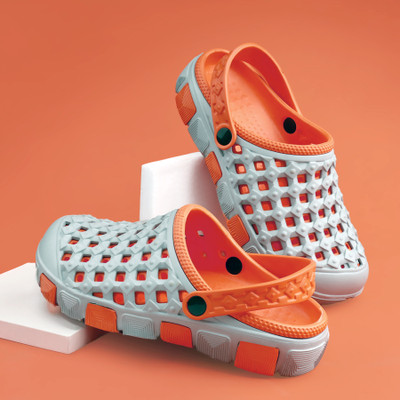 SARA Men Clogs(Grey, Orange , 9)