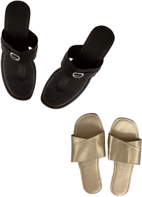 Goraiya Women Flats(Black, Gold , 6)