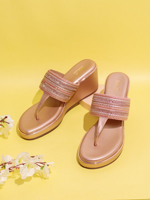 Inc.5 Ethnic Embellished Round Toe Wedge Heel Sandals Women Heels(Pink , 7)