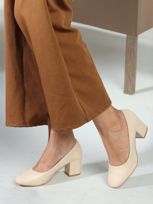 CARLTON LONDON Women's Textured Round Toe Block Heel Pumps Women Heels(Beige , 6)