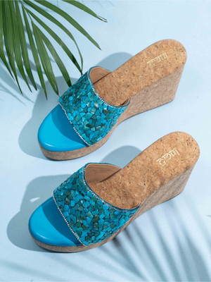 Inc.5 Ethnic Solid Round Toe Wedges Heels Women Sandals(Blue , 3)