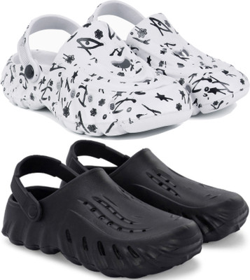 Kapani Fashion Men Flipflops, Slipper, Slides, Sandal, Clogs-Combo Pack of 2 (White, Black , 6) Men Clogs(White, Black , 6)