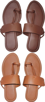 XiZUii Women Flats(Brown, Orange , 4)