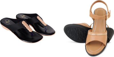 PMS Women Wedges(Beige, Black , 6)