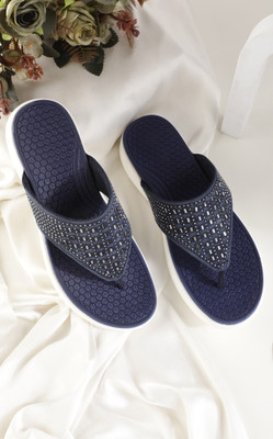 Koburg Blossom Casual Women's Sandals | EVA Sole | Comfortable & Lightweight KS-501 Women Flats(Navy, Blue , 7)