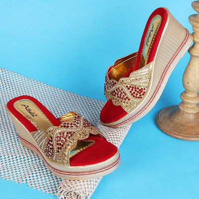 albela Women Wedges(Red, Gold , 8)