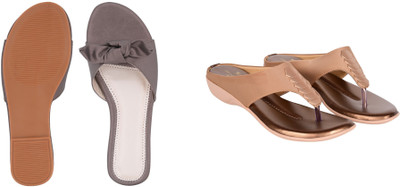 PMS Women Wedges(Grey, Brown , 6)