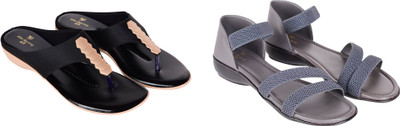 PMS Women Wedges(Black, Grey , 7)
