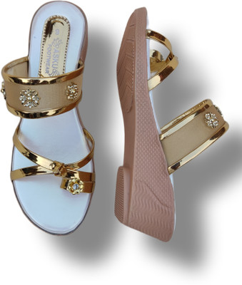 ASKU Women Heels(Gold, Blue , 5)