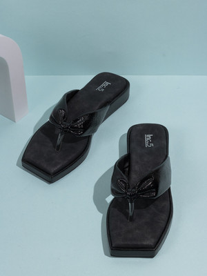 Inc.5 Solid V-Strap Casual Slip-On Flats Women Sandals(Black , 5)