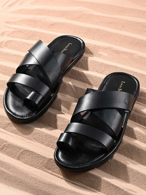 LOUIS STITCH Jet Black Lightweight Open Toe Kohlapuri Style Leather Sandals Men Sandals(Black , 6)