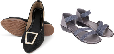 PMS Women Wedges(Black, Grey , 6)