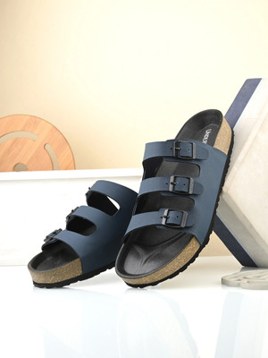 UNDERROUTE Stylish Dual Strap Buckle Design Men Sandals(Navy, Brown , 7)