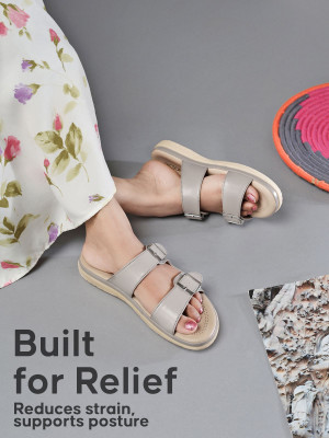 Picson Stylish Double Buckle Slides | Premium Look & Extra Soft Cushion Women Flats(Grey , 8)