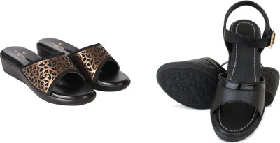 PMS Women Wedges(Black, Gold , 8)