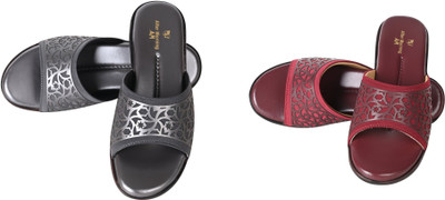 PMS Women Wedges(Black, Maroon , 6)