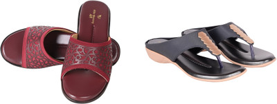 PMS Women Wedges(Grey, Maroon , 6)