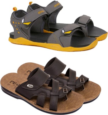 asian Men Sandals(Grey, Yellow , 9)