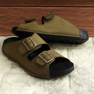 Nico Nerini Olive Leather Adjustable Buckle Open Toe Slip-On Comfortable Men Sandals(Green , 6)