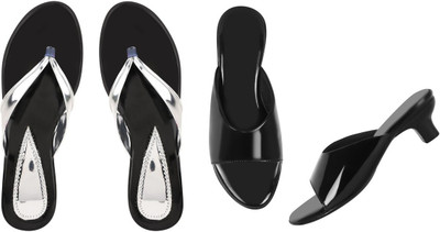 Komfy Women Heels(Silver, Black , 6)