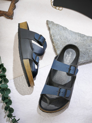 UNDERROUTE Stylish Dual Strap Buckle Design Men Sandals(Navy, Black , 13)