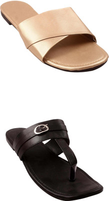 Goraiya Women Flats(Gold, Black , 7)