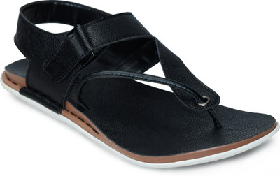STEPFOX Faux Leather Toe Loop Design with Buckle Strap & Cushioned Footbed Men Sandals(Black , 7)