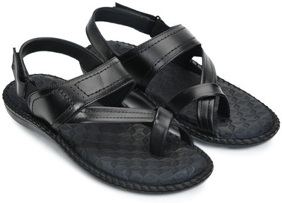 STEPFOX Genuine Leather Side-Thumb Sandals with Velcro Strap & Soft Comfort Sole Men Sandals(Black , 9)