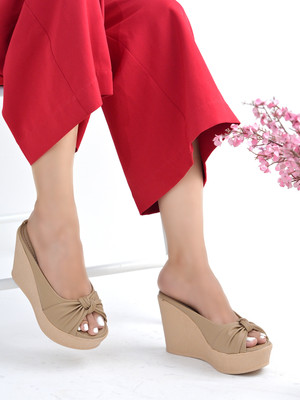 SHOETOPIA Women Wedges(Beige , 7)