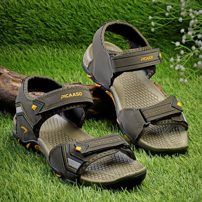 PICAASO Men Sports Sandals(Olive, Yellow , 9)