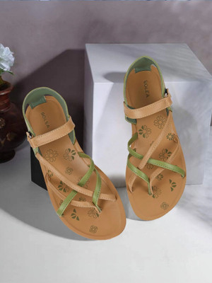 Paragon PUK7017L Women Sandals Comfortable lightweight Stylish Leather Durable Dailywear Women Flats(Green, Beige , 4)