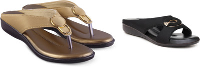 hunyza footwear Women Flats(Gold, Black , 6)