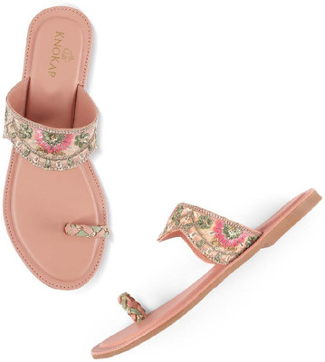 KNOKAP Embroidered Slipon Ethnic Flat Sandals | Toe-Ring Festive and Fashion Chappals Women Flats(Pink , 4)