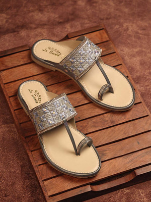 LaSancy Embroidered Slip-ons Ethnic Flats Sandals | Toe-Ring Festive Kolhapuri Chappals Women Flats(Grey , 5)